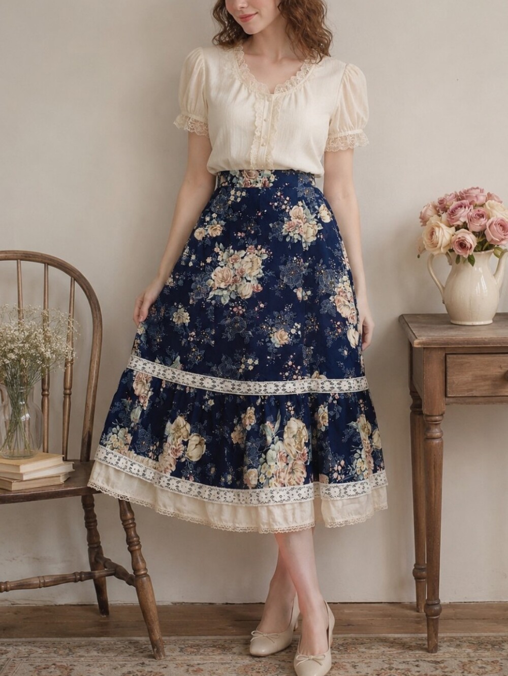 Vintage Navy Floral Lace Tiered Cottagecore Prairie Skirt Romantic Feminine Sml